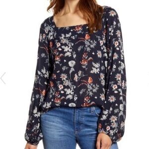 LUCKY BRAND BOHO FLORAL  square neck long sleeve navy blue  flowy top